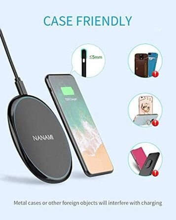 Бездротовий зарядний пристрій NANAMI 20W USB-C PD з адаптером, швидка бездротова зарядка 10W для Samsung Galaxy S25/S24/S23/S22/S21 Ultra Plus, 7.5W для iPhone 17/16/15/14/13/12/11 Pro та Airpods (Чорний)