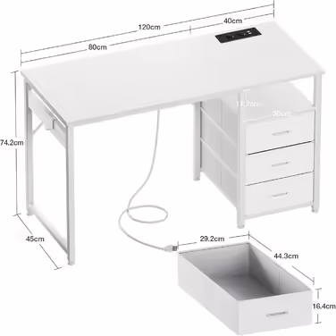 ODK Desk with 3 Fabric Drawers, Computer Desk with 2 Sockets and USB Ports, Reversible PC Desk Office Desk for Home Office (White, 120x48x75.5 cm) 120x48x75.5cm White