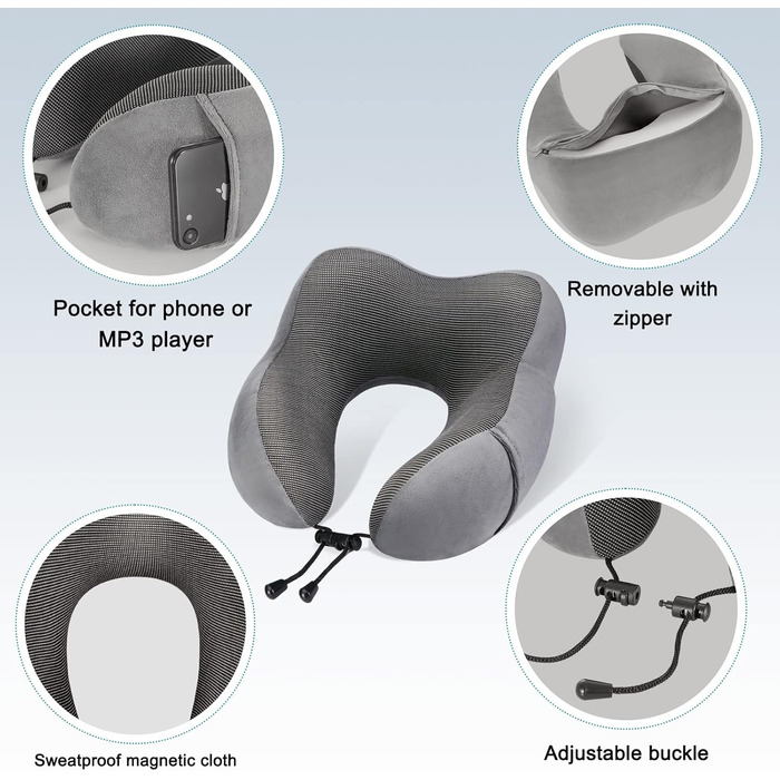 Подушка для шиї Eono з піною Memory Foam, ергономічна, для подорожей, з маскою для сну та навушниками, сіра