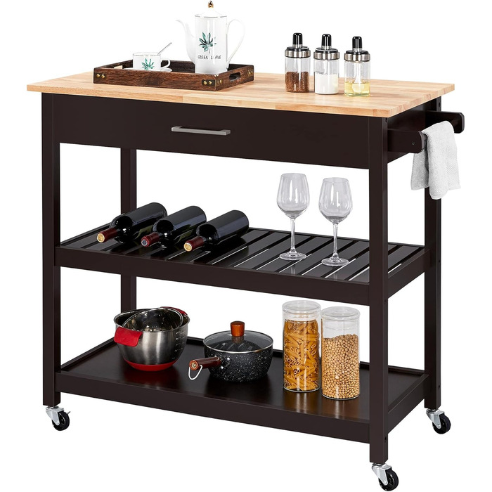 Сервісний візок Yaheetech з шухлядою, 2 полиці, 4 колеса, білий (Espresso), 51 x 101,5 x 92 см
