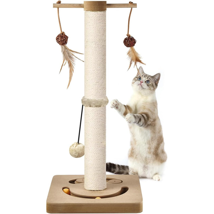 Котяча кігтеточка AUSCAT з іграшками, 63 см, бежева. Кігтеточка-стовп з натурального сизалю в сучасному дизайні
