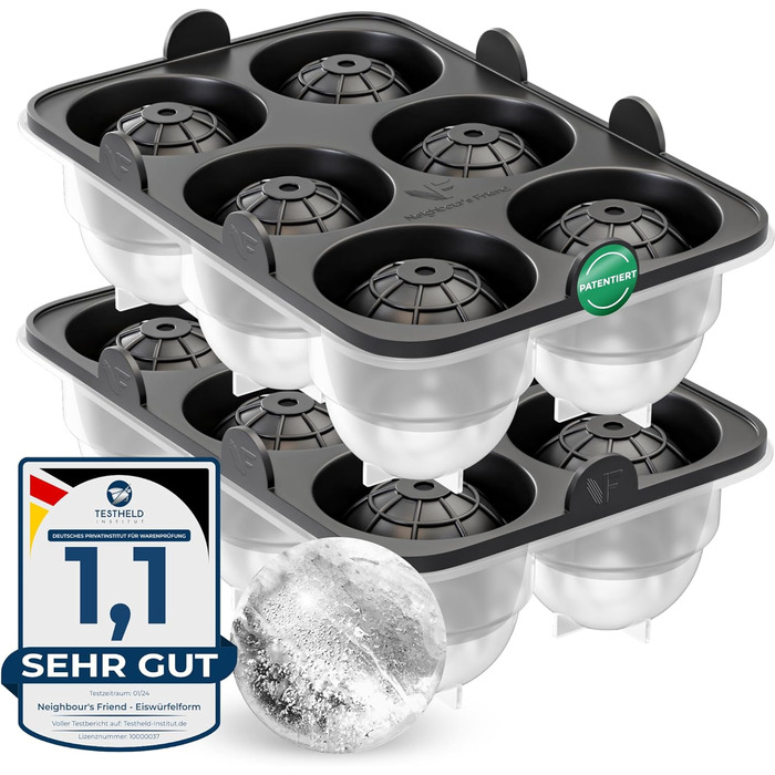 Neighbour's Friend Patented Ice Ball Mold 2-Pack - Large Round Platinum Silicone Ice Cube Mold for Cocktails, Whiskey & Long Drinks - 12x Round Ice Cubes, Dishwasher Safe - XXL Ice Cubes