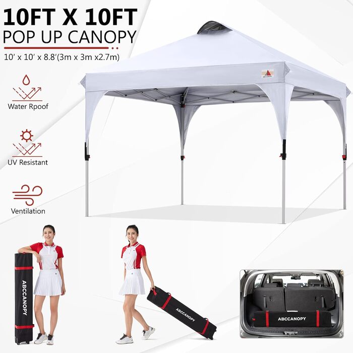 ABCCANOPY 3x3M Pop Up Gazebo Waterproof Festival Sunshade Outdoor Pavilion with Rolling Bag, Bonus 4x Weight Bags, 4x Ropes, 4x Stakes White Without Side Walls