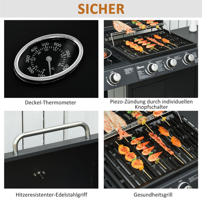 Газовий гриль Outsunny BBQ з коліщатками та 3 пальниками та 1 бічним пальником, редуктор та шланги, багатофункціональний, сталь, чорний, 110x50x100 см
