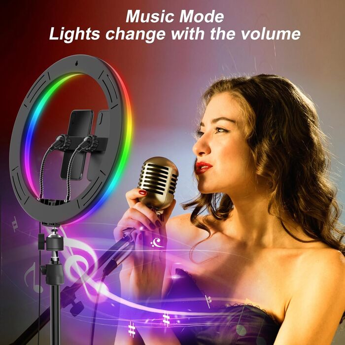 Ринг-лампа 13 дюймів з штативом, кліп для планшета та 2 тримачами для телефону, 3000-6000K, 10 рівнів яскравості, музичні режими, 100 RGB-режимів, LED для селфі, TikTok, Vlog, YouTube, Facebook відео, багато кольорів