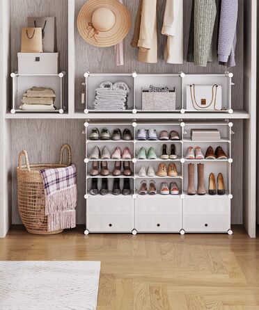 HOOBRO 8-Tier Shoe Rack, Shoe Cabinet, for 32 Pairs of Shoes, 40 x 30 x 30 cm per compartment, narrow, with doors, plastic, for living room, bedroom, hallway, entrance, White EWT28SC01G1 (10 Tiers, 80 x 30 x 150 cm), White)