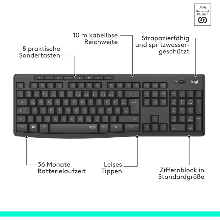 Комплект бездротової клавіатури та миші Logitech MK295 з технологією SilentTouch, QWERTZ, чорний, для комфортної роботи
