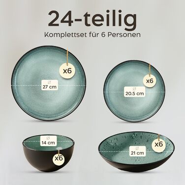Набір посуду Twinzee Steingut (24 частини) для 6 осіб: тарілки та миски, сервіз з каменю, колекція Riviera Sage