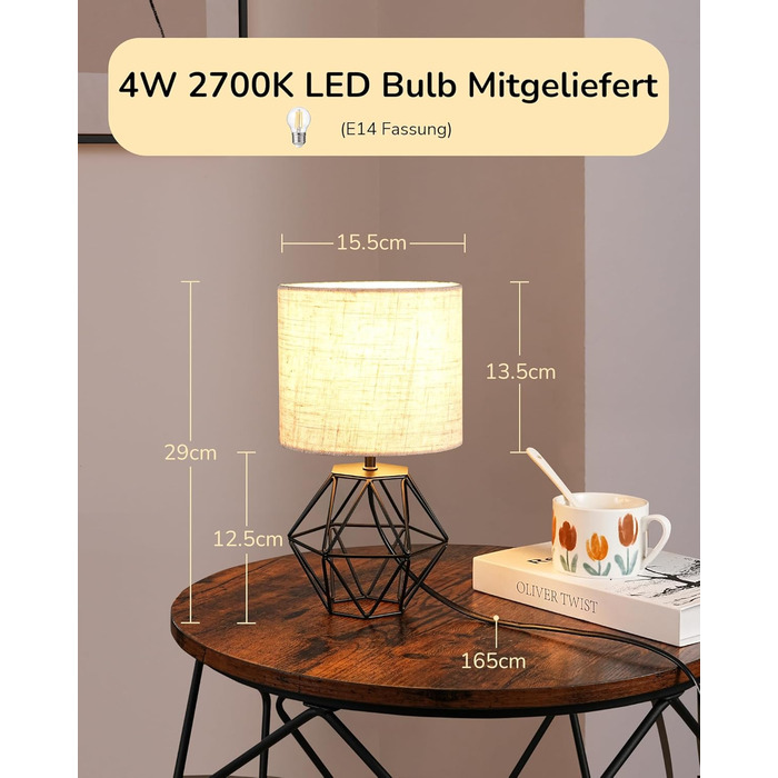 EDISHINE Настільна лампа - Сучасний індустріальний дизайн, E14 цоколь, вінтаж, для спальні/вітальні, білий & золотий (льон + чорний)