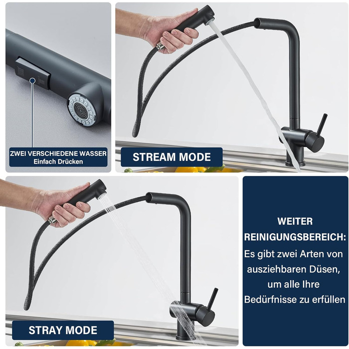 Змішувач для кухні Rozin, чорний матовий, високого тиску, з висувною лійкою 360°, 2 режими, для мийки, з донним клапаном (Orb)