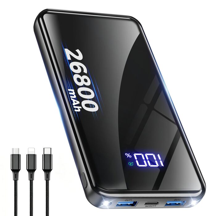 Повербанк 26800mAh з швидкою зарядкою USB-C та кабелем 3-в-1, Dual-LED ліхтарем, чорний — зовнішній акумулятор для iPhone 17/16/15, Samsung S26/S25, Xiaomi