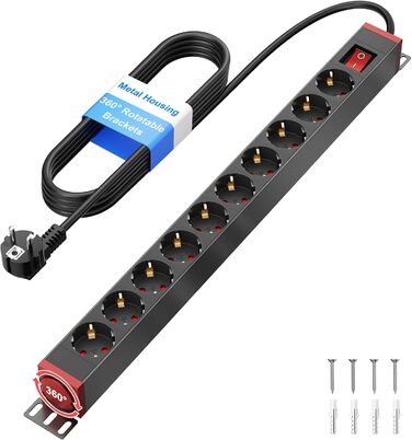 Мережевий фільтр 10 розеток з захистом від перенапруги, з вимикачем та поворотними кріпленнями, чорний, металевий корпус