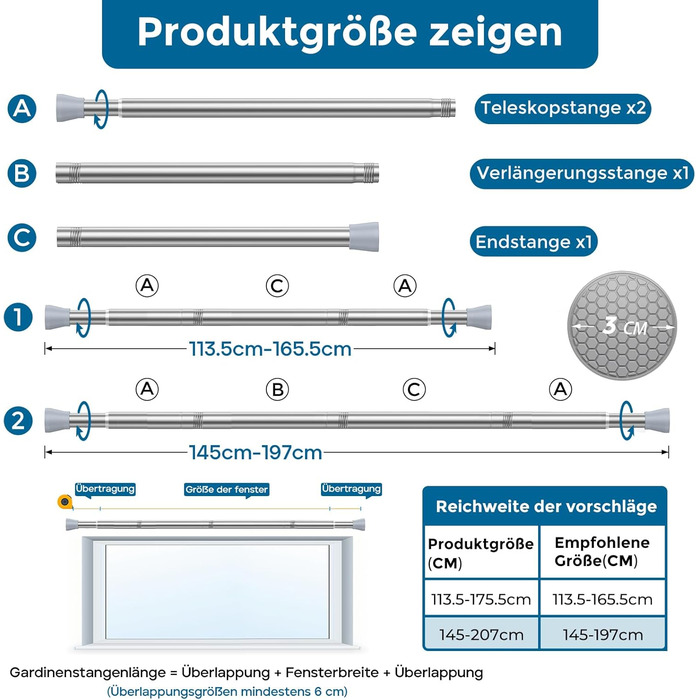 Штанга для штор без свердління AIZESI, 70-120 см, телескопічна, діаметр 22 мм, срібна