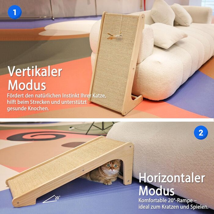 PETKARAY Дряпка для котів, L-подібна дряпка з сизалю, 68 см, 2-в-1, для стіни та кута (з котячою м'ятою, іграшка-мишка), бежевий