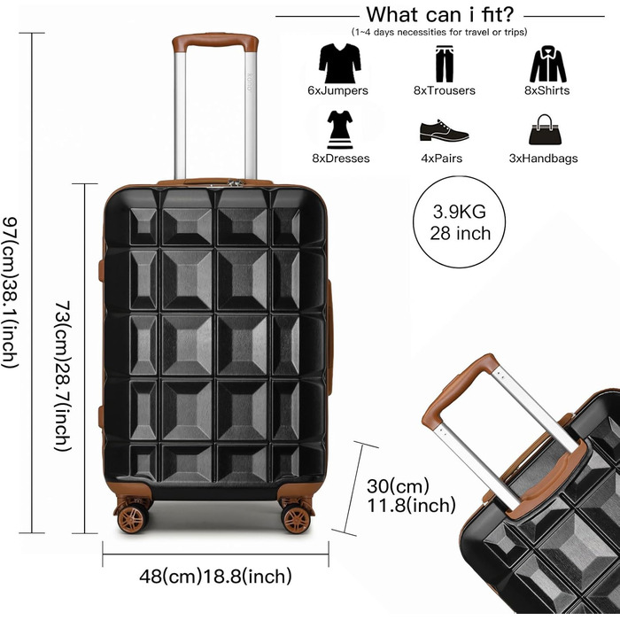 Набір валіз KONO 2 в 1: велика валіза + косметичка (чорний/коричневий, 72 см)