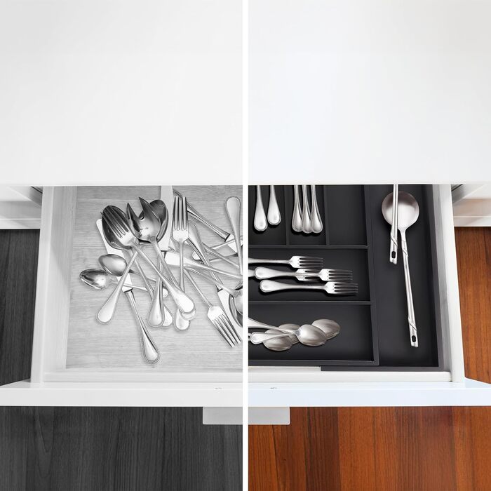 Relaxdays Cutlery Box Extendable, Bamboo, HBT: 5 x 33.5-49.5 x 44.5 cm, 7-9 Compartments, Cutlery Insert Drawer, Black