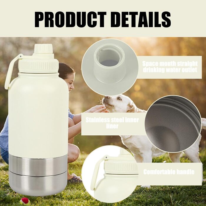 Водяна пляшка для собак Pets 950мл з мискою та ручкою, ізольована, нержавіюча сталь, BPA-free, для подорожей та прогулянок (кремово-білий, L)