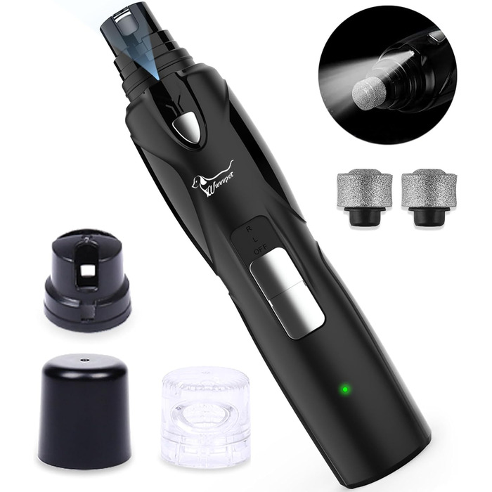 Електричний точило для кігтів собак та котів з LED-підсвічуванням та 2 колесами, чорний. Точило для кігтів, тихе, з низькою вібрацією.