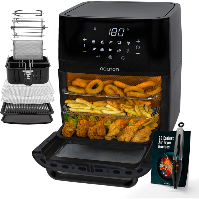 Аерофритюрниця Noaton A120 Ultra Pro 12 л, без олії, 1800 Вт, 10 програм, цифровий дисплей, компактна, для 1-4 осіб, з кулінарною книгою та кухонними щипцями, чорна