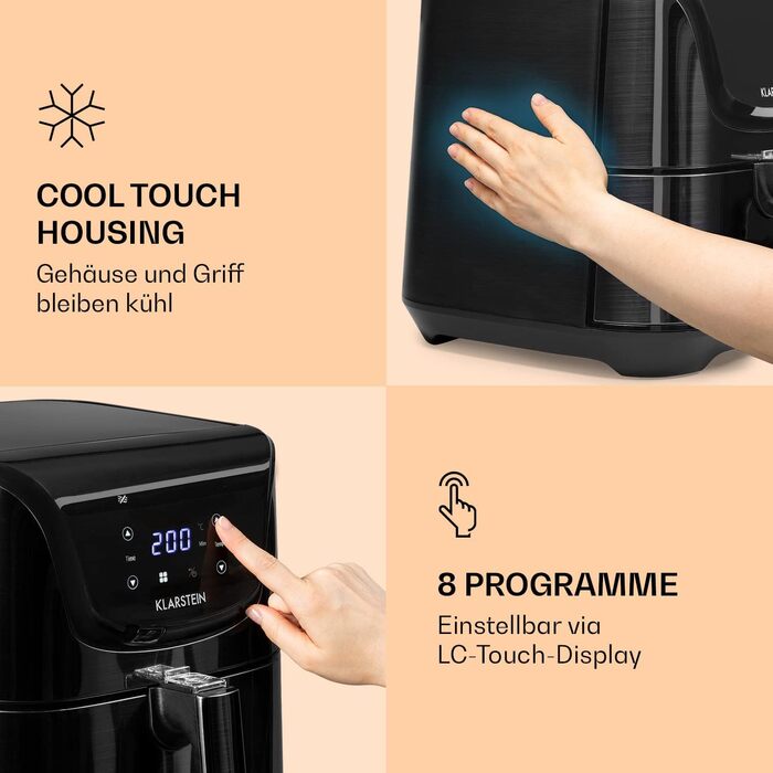 Klarstein Hot Air Fryer, Energy-Saving Air Fryer, Deep Fryer, Hot Air Fryer for Crispy Fries, Air Fryer with 1700 Watt, XXL Frying Basket 5.4 Liters, Thermostat, Timer, 8 Programs, Graphite Gray Black Hot Air Fryer