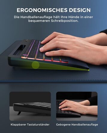 Бездротовий комплект клавіатури та миші Seenda JPX006 з підсвічуванням, USB/Type-C, QWERTZ, з підставкою для телефону та підкладкою для зап'ястя, для PC/Windows/Mac, тихий клік, чорний
