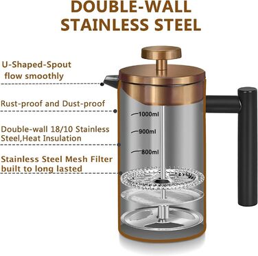 French Press MaxMiuly: Френч-прес для кави, 0.65 л, 3 чашки, нержавіюча сталь, термоізольований, чорний
