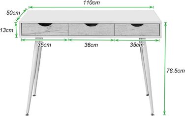 Soges Metal and E1 Wood Desk with 3 Drawers - 110x50x78cm White Office Writing Table for Storage