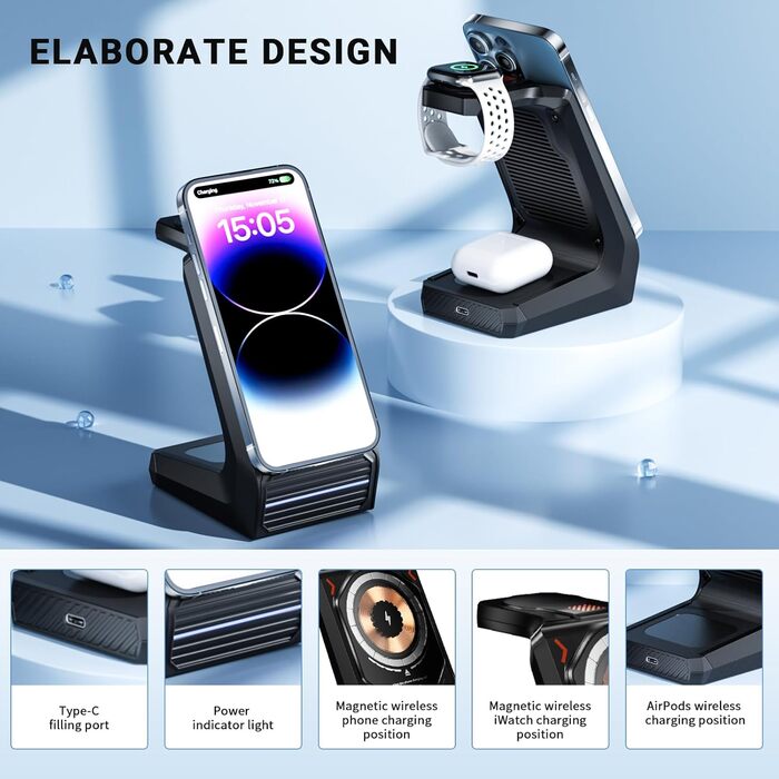 Станція бездротової зарядки 3-в-1 для Apple: iPhone, AirPods, Apple Watch (15W, MagSafe, чорний)