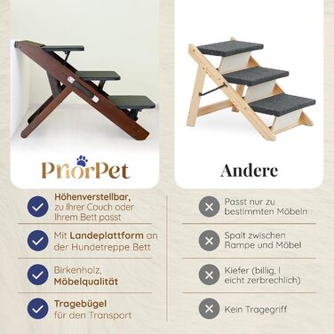 Сходинки для собак на ліжко та диван 2-в-1 - регульована рамка для собак, 18-50 см - для маленьких собак - легка переносна сходинка з платформою, натуральний колір (коричневий)