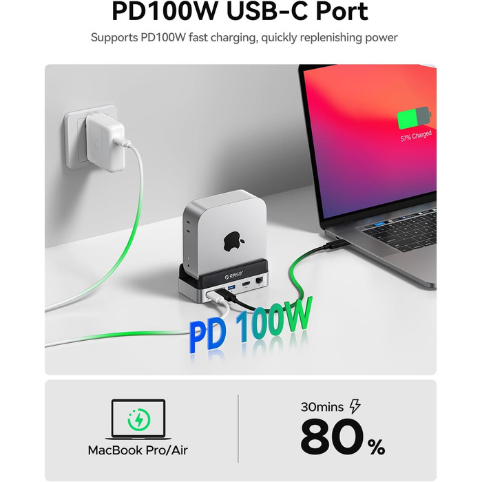 ORICO MiniDock: Док-станція та підставка для Mac mini M4/M4 Pro з корпусом для NVMe SSD, USB-C хаб з 4K HDMI та DisplayPort, SD/TF 3.0, USB-C/A 10Gbps, PD 100W - VS10 (10-в-1, 4TB)