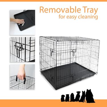Клітка для собак DIVCHI з піддоном - міцна, складана клітка з двома дверцятами | Легко миється, знімний піддон, підходить для котів | Чорна (122x76x81cm)