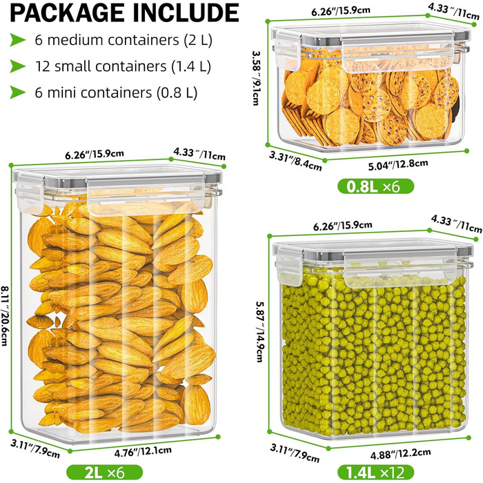 Набір герметичних контейнерів для зберігання продуктів, 24 шт, BPA-free, з кришками, для борошна, цукру, круп, аксесуарів для випічки, 33,6 л + 24 етикетки та маркер
