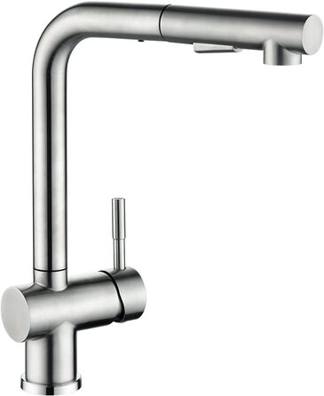 Змішувач кухонний CECIPA Hochdruck, висувна модель з донцем, шлангом та двома струменями, чорний, нержавіюча сталь, 360° обертання, ×207B (L-подібний, матовий нержавіюча сталь)