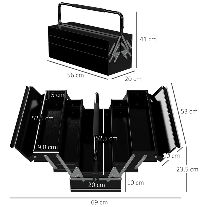 DURHAND Tool Case Tool Box 5 Compartments Folding Steel (SPCC) Black 56 x 20 x 41 cm | Aosom