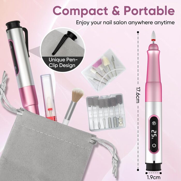 Електричний фрезер для нігтів Nagelfräser Kabellos 13 в 1: 5 швидкостей, 25000 об/хв, USB, для гель-манікюру