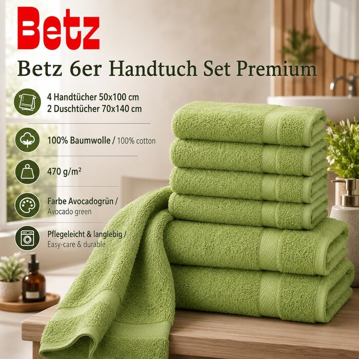 Набір рушників Betz Premium 6 шт. (4 шт. 50x100 см, 2 шт. 70x140 см), 100% бавовна, для ванної та гостей, колір Авокадо
