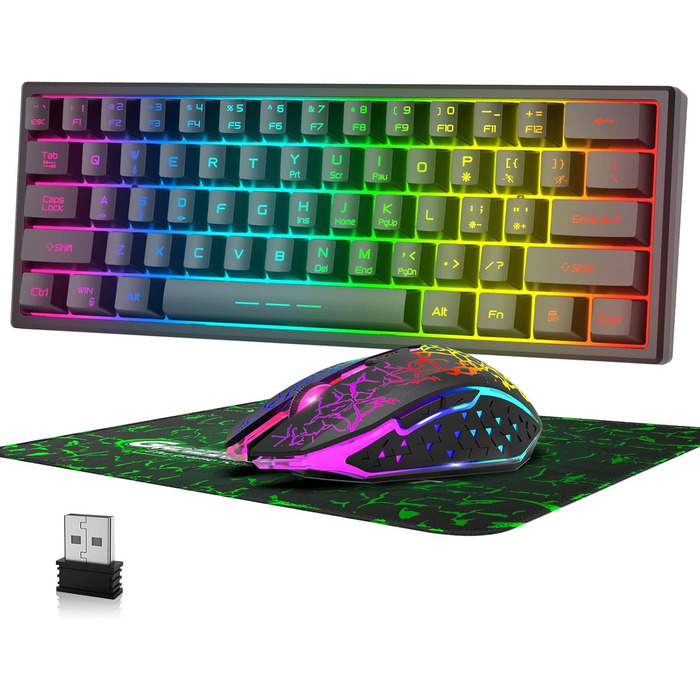 Kabellos Gaming Tastatur und Maus Combo Set: Бездротова ігрова клавіатура та миша, 2.4 GHz, 3800 mAh, тиха, 61 клавіша, компактна, Rainbow LED підсвічування, 2400 DPI, 6 кнопок, чорний