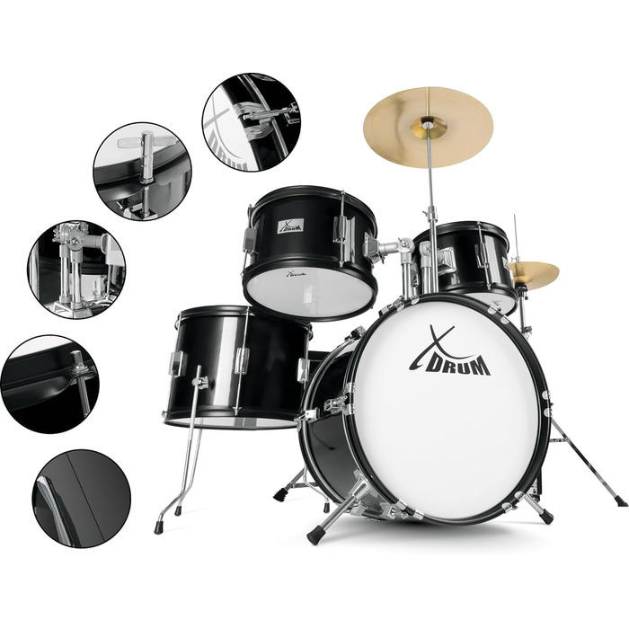 XDrum Junior Pro Kinder барабанний комплект Red - для дітей 5-9 років - з аксесуарами та навчальним посібником (Чорний, Solo)