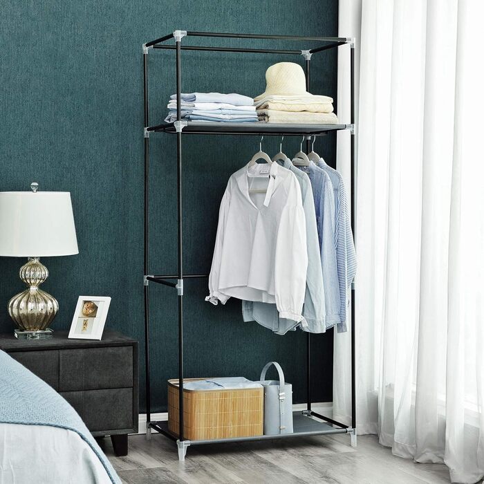 SONGMICS Fabric Clothes Closet, Foldable, with Clothes Rod, Simple Clothes Rack, Toy, Shoe, Bag Organizer, Living Room, Bedroom, Wardrobe, 75 x 45 x 160 cm, Grey