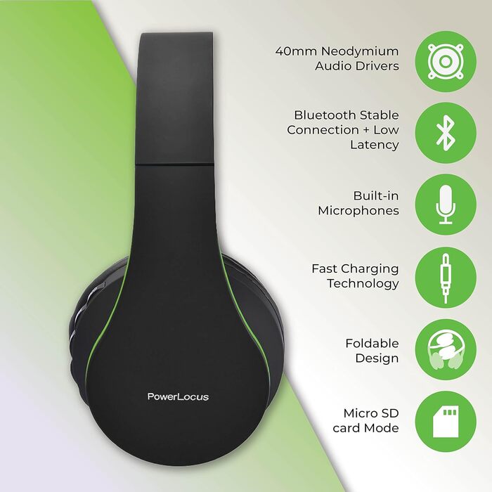 PowerLocus Bluetooth навушники Over-Ear, бездротові, Hi-Fi Stereo, складні, з мікрофоном, з м'якими амбушюрами, Micro SD/TF, FM радіо для iPhone/Android/Tablet/Laptop (Чорний/Зелений)