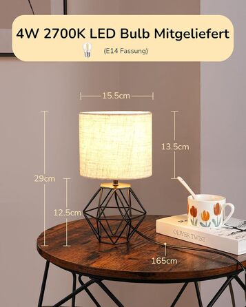 EDISHINE Настільна лампа - Сучасний індустріальний дизайн, E14 цоколь, вінтаж, для спальні/вітальні, білий & золотий (льон + чорний)