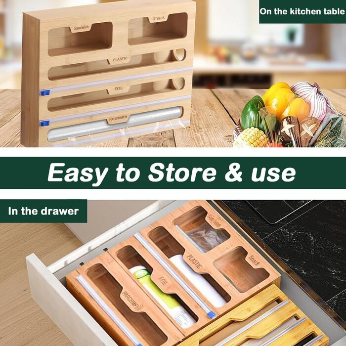 Диспенсер для харчової плівки 5 в 1 з дерев'яною коробкою та різаком, органайзер для кухні