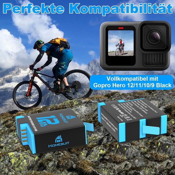 Набір акумуляторів Homesuit Hero 12/11/10/9 + LED зарядний пристрій USB-C (2 шт. акумулятори) для GoPro Hero 12/11/10/9 Black