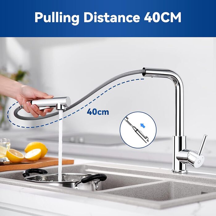 Змішувач кухонний висувний CECIPA з донним виливом, нержавіюча сталь, 2 режими, 360° оберт, матовий, для кухні