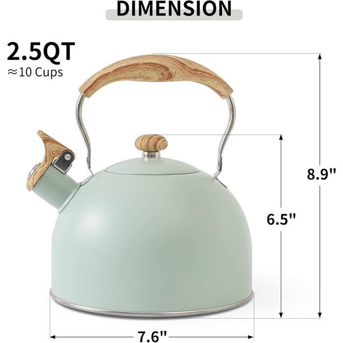 Чайник для плити LONFFERY 2.5л зі свистком, з нержавіючої сталі, з дерев'ястим декором, кришка-засувка, кремовий/білий (Турквіс)