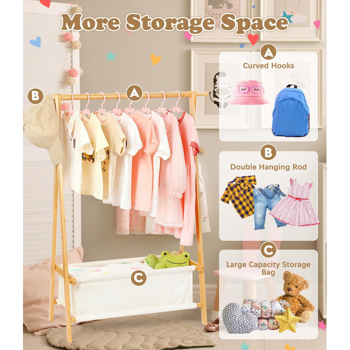 Relquorax Bamboo Children's Clothes Rack with Storage Bag and Clothes Rail, Dress-Up Stand, Small Wardrobe Rack, for Costumes in Children's Rooms (Natural Color)