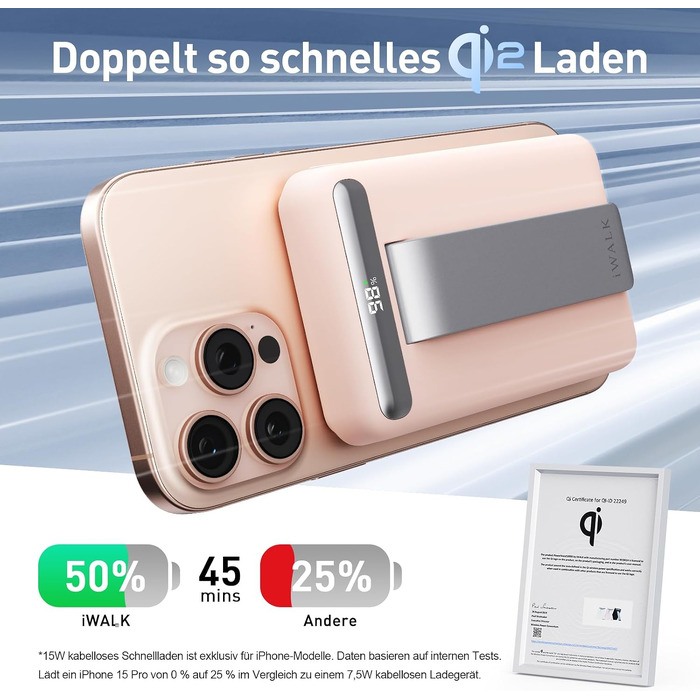 Магнітний бездротовий павербанк iWALK Magnetic 15W 10000mAh, Qi2 сертифікований, з LED-дисплеєм та підставкою, швидка зарядка для iPhone 16/15/14/13/12 Pro Max/Plus/Mini, Рожевий