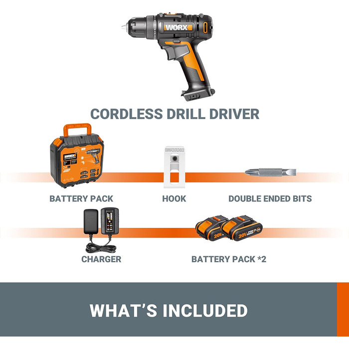 WORX WX100.3 акумуляторний дриль-шуруповерт 18V, PowerShare, 30 Nm, LED, безключовий патрон 10 мм, 2 акумулятори, оранжевий & чорний