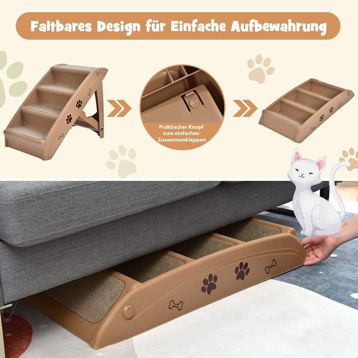 COSTWAY 4-Step Pet Staircase with Carpet, Dog Stairs Plastic Cat Stairs Folding, Portable Dog Ramp Pet Stairs for Dogs and Cats, Pet Ramp for Climbing and Scratching (Brown)