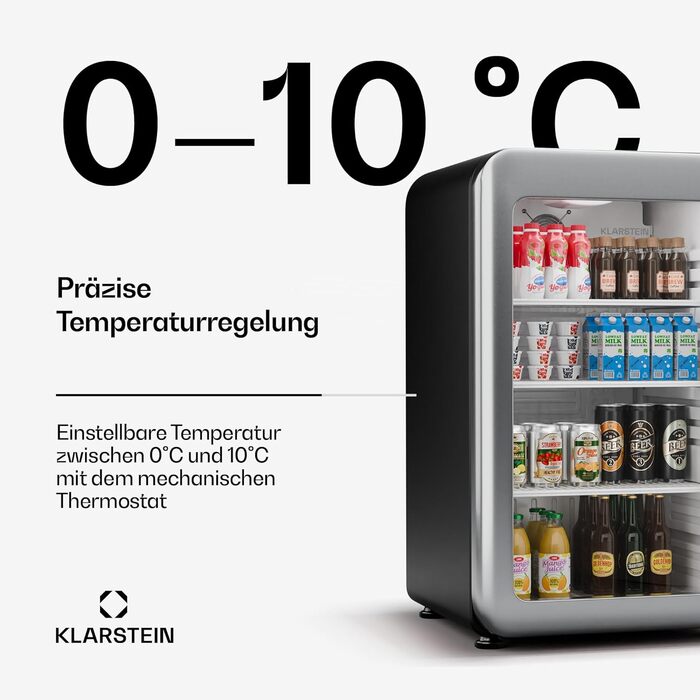 Klarstein Audrey Evo: Холодильник для напоїв 68L, ретро-дизайн, LED-підсвітка, подвійне скло, 0-10°C, клас енергоефективності C, регульовані ніжки, чорний